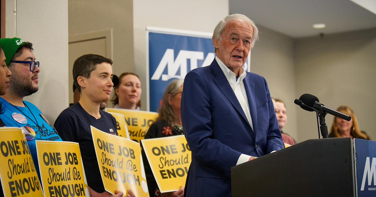 Senator Ed Markey with MTA Education Support Professionals at MTA Board of Directors meeting in December 2025.