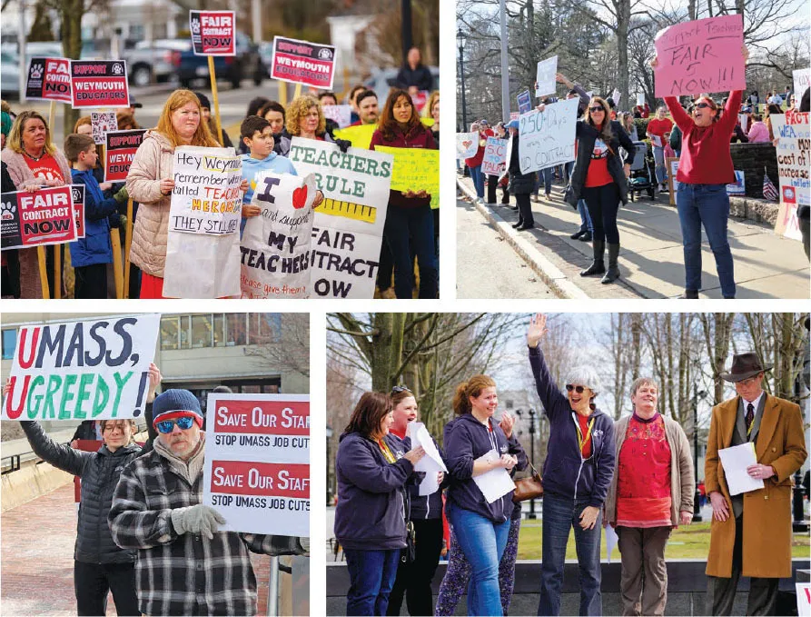 Locals in Weymouth, Wellesley, Quincy and at UMass Amherst, clockwise from upper left, have held large rallies and standouts in recent months.