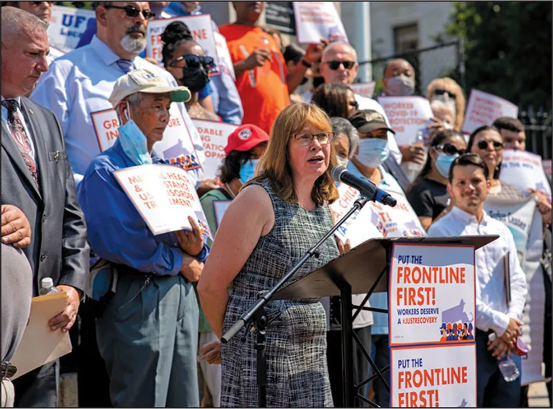 Joanna Gonsalves, a member of the MSCA chapter at Salem State University, represented the MTA at a rally organized by the Greater Boston Labor Council in July