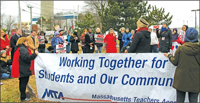 a crowd listened on Dec. 27 as state Representative Joan Meschino (D-Hull) spoke during a protest against the natural gas compressor station proposed for Weymouth. 