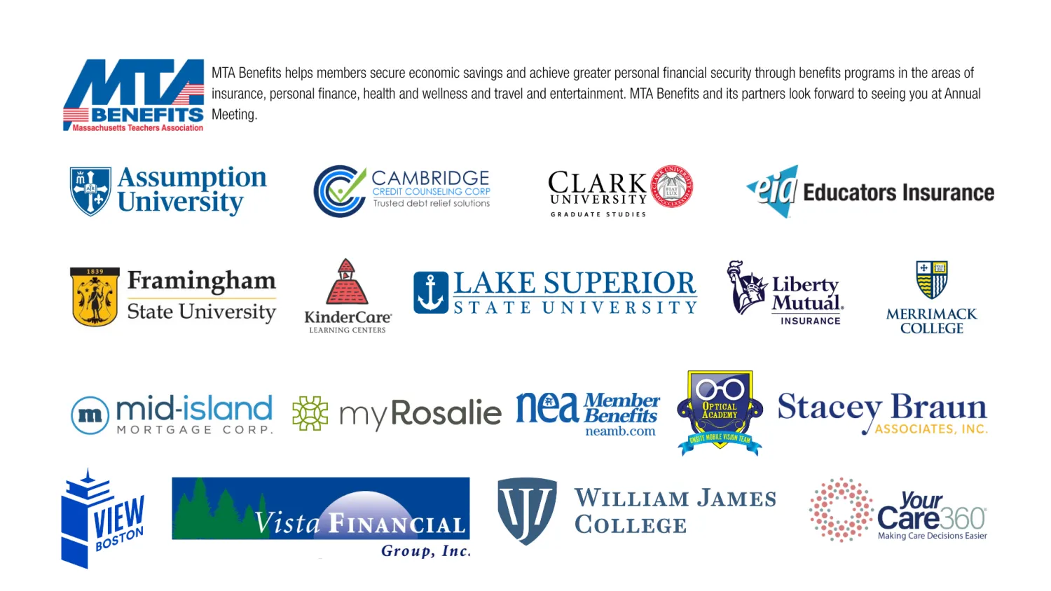MTA Benefits partners run the gamut. Be sure to visit their booths at the MTA Annual Meeting of Delegates.