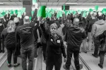 Woburn Teachers Association members in January 2023 at a local bowling all. The members are voting on whether to strike.