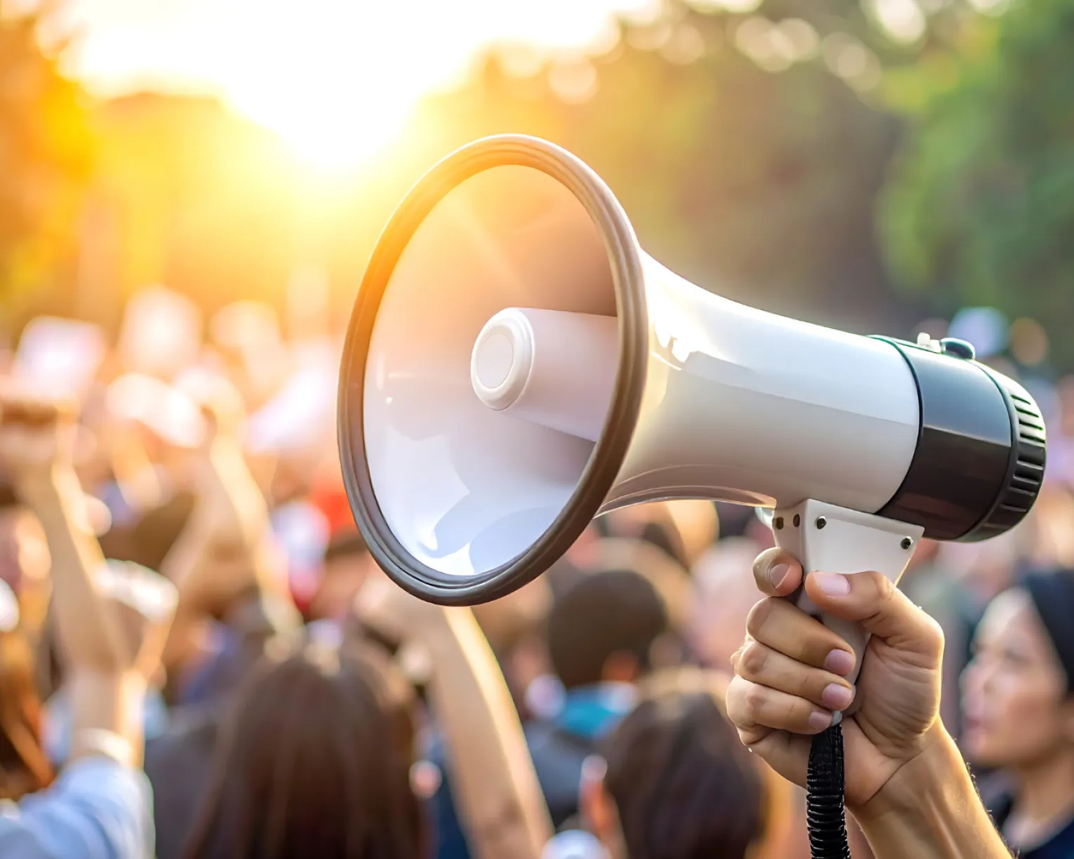 A rally of teachers with a hand holding a megaphone