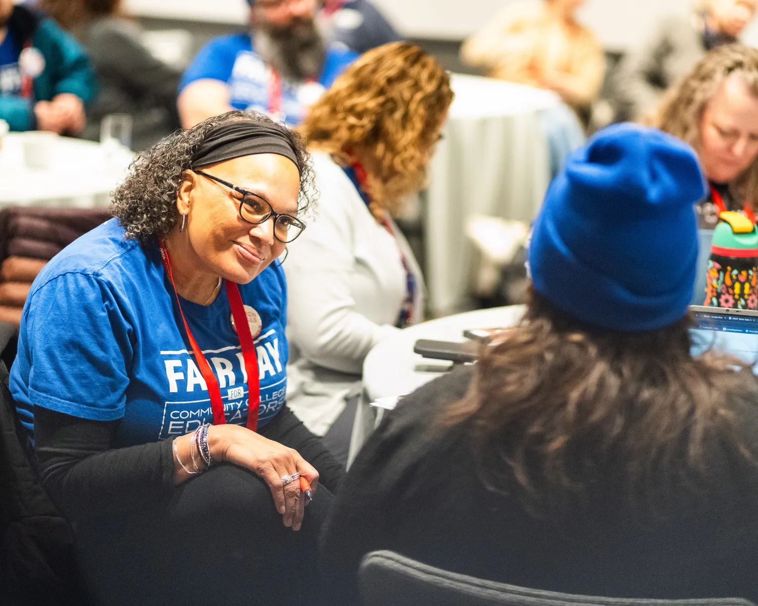 MTA members conversing at a table at the Winter Union Skills Conference in January 2026 in Boston.