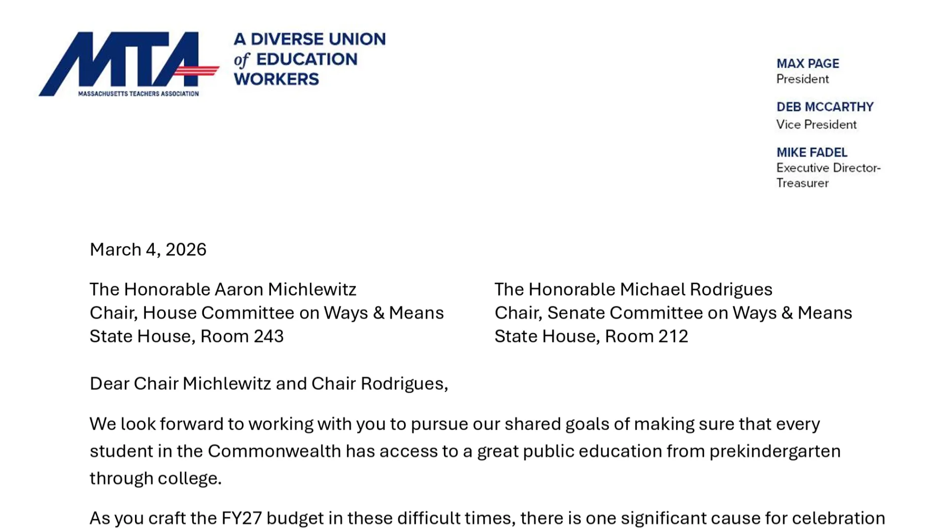 MTA leadership outline their goals for the FY27 budget in a letter to the chairs of the Joint Committee on Ways and Means.