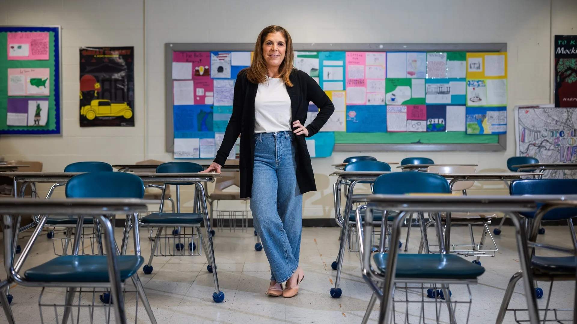 Becky Abate, president of the Hopkinton Teachers Association, standing in her classroom at school.