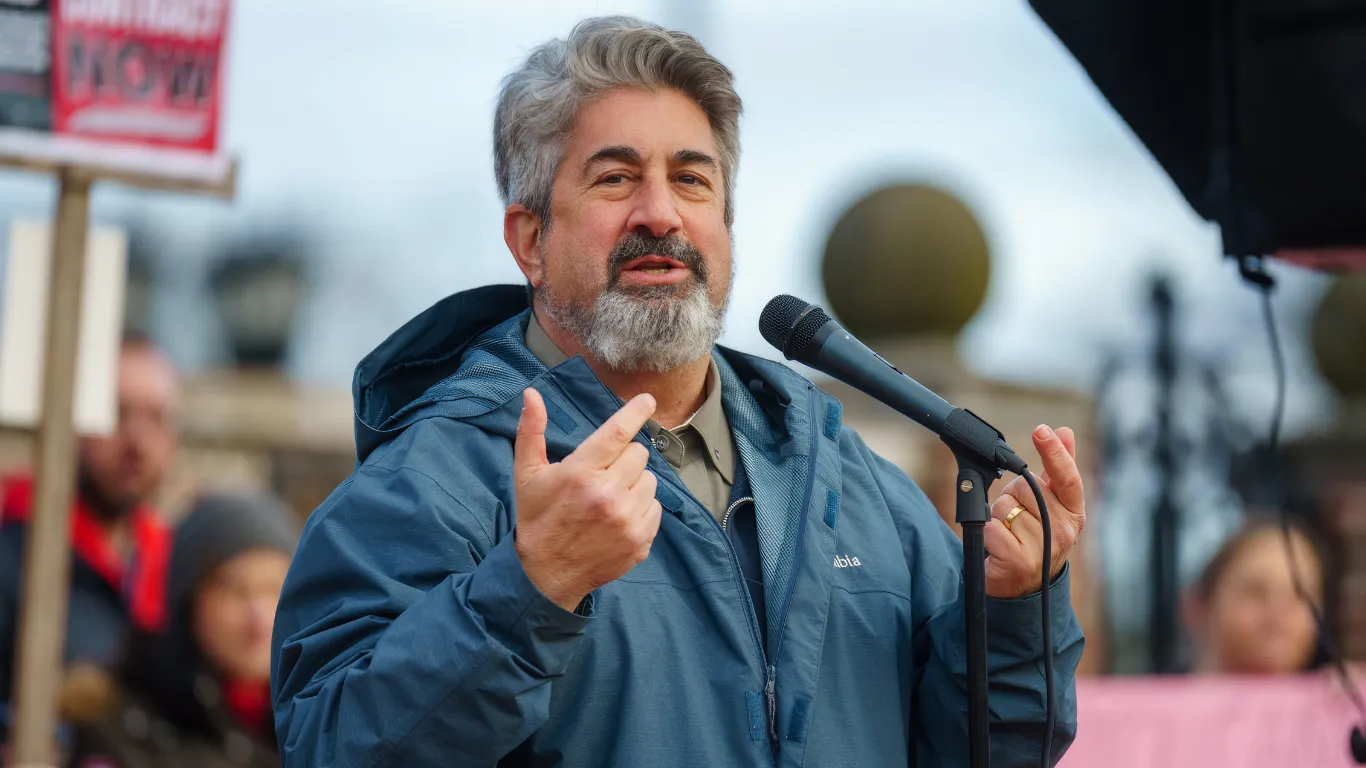 Max Page, president of the Massachusetts Teachers Association, speaking at a rally.
