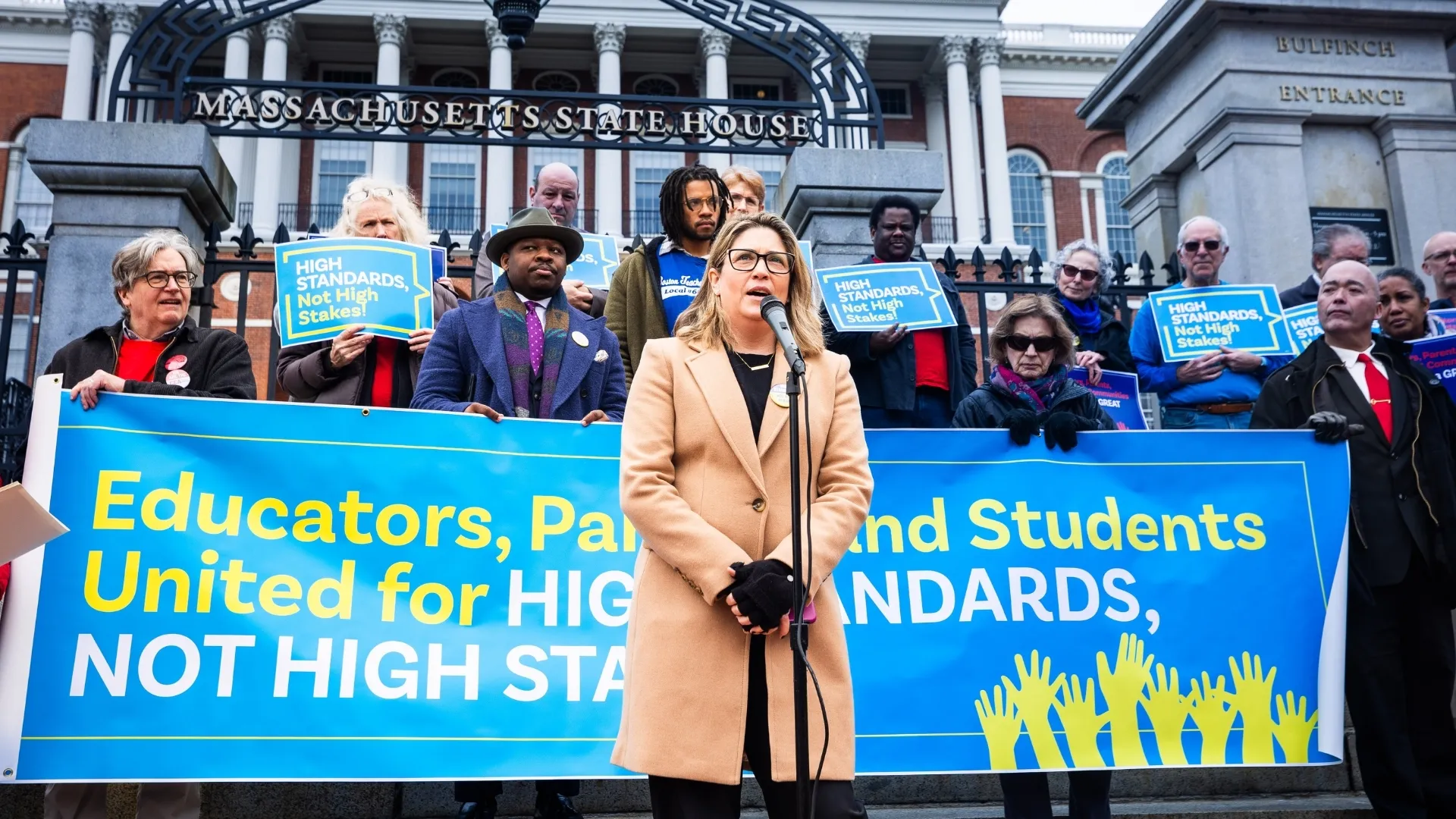 MTA members, allies and parents at the Yes on 2 hearing speaking in front of Massachusetts State House