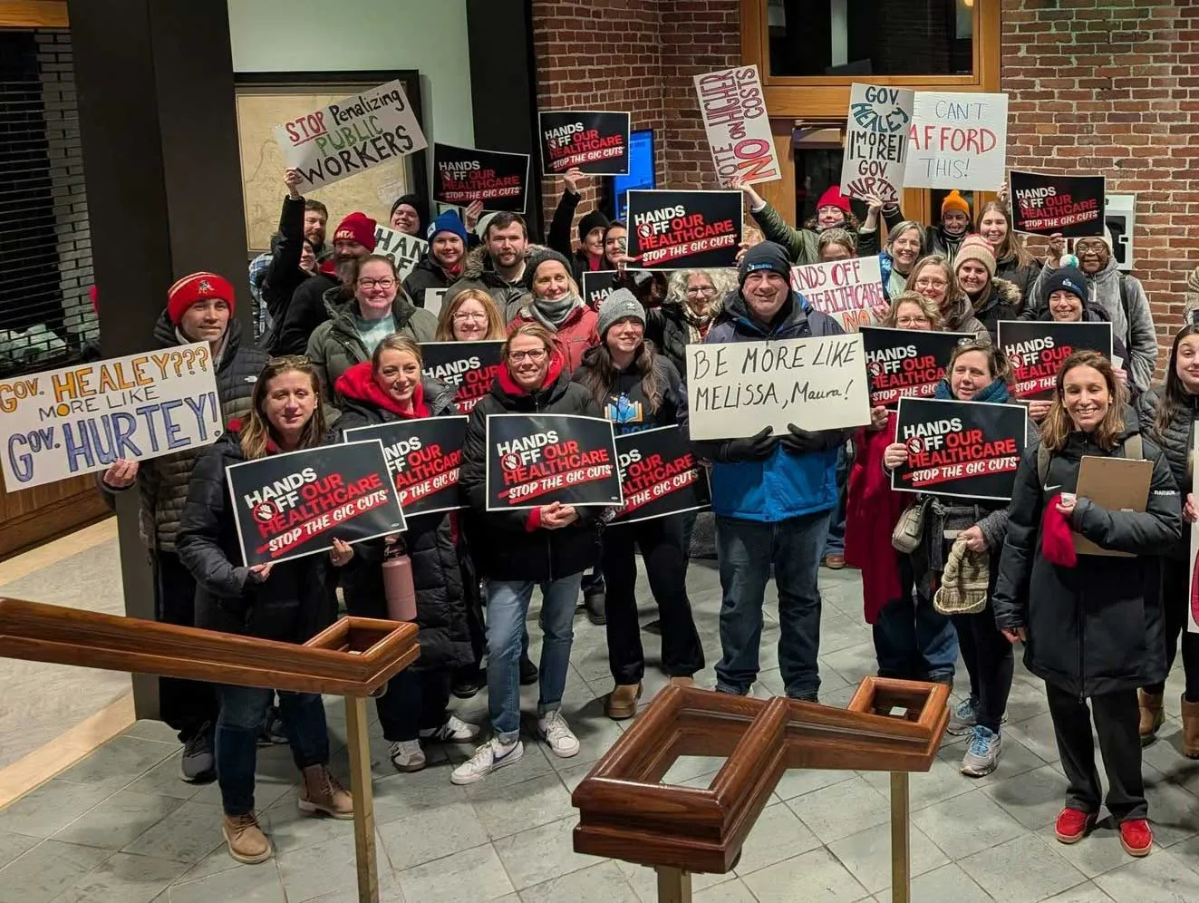 health care rally members outside of north andover town hall
