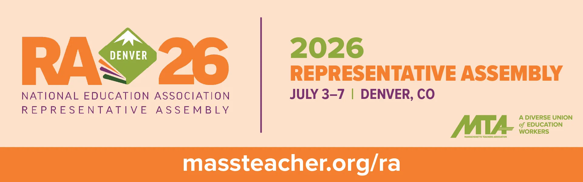 Logo and website link, massteacher.org/ra, for the NEA Representative Assembly scheduled from July 1-7 in Denver, Colorado.