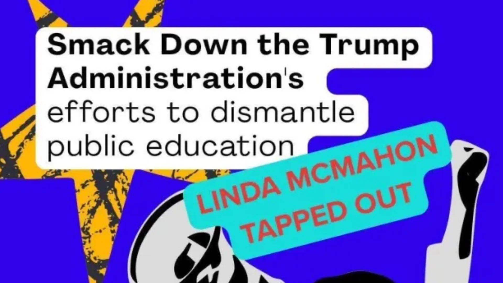 Graphic of a protester and these words, "Linda McMahon Tapped Out" and "Protest Canceled."