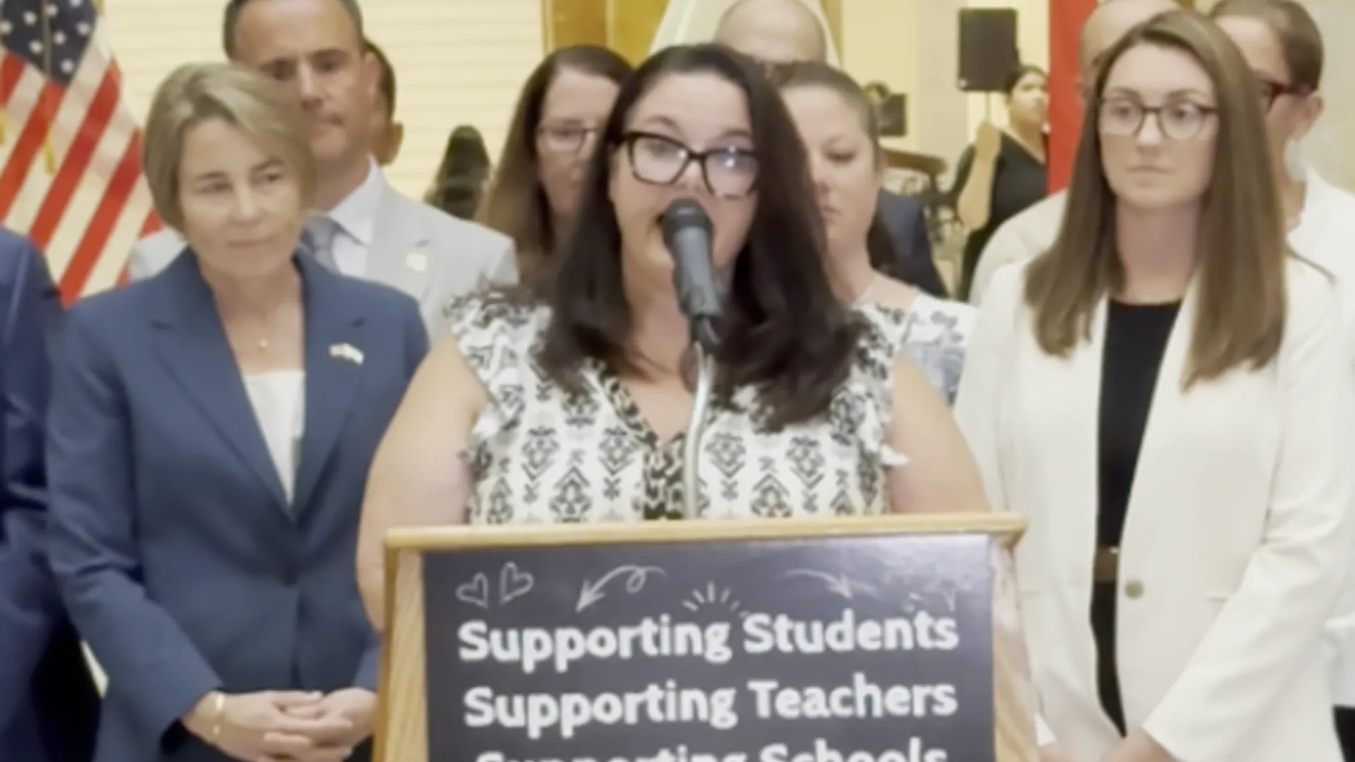 Woburn Teachers Association President Christy Nickerson represented the MTA at a State House press conference on July 15 2026.