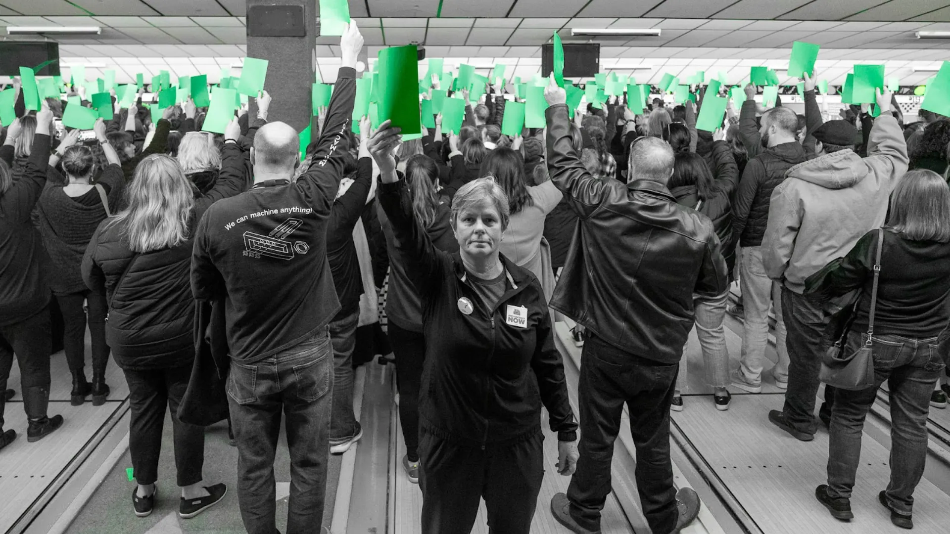 Woburn Teachers Association members in January 2023 at a local bowling all. The members are voting on whether to strike.