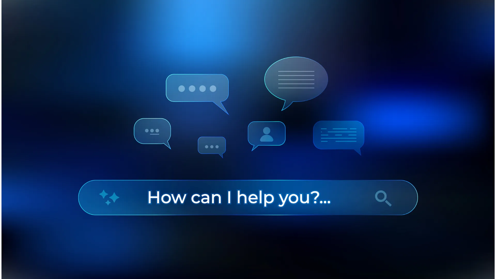 Futuristic AI Glassmorphism Virtual Assistant Bar for Customer Service, with digital and technological icons.  Image is from iStock Photo.