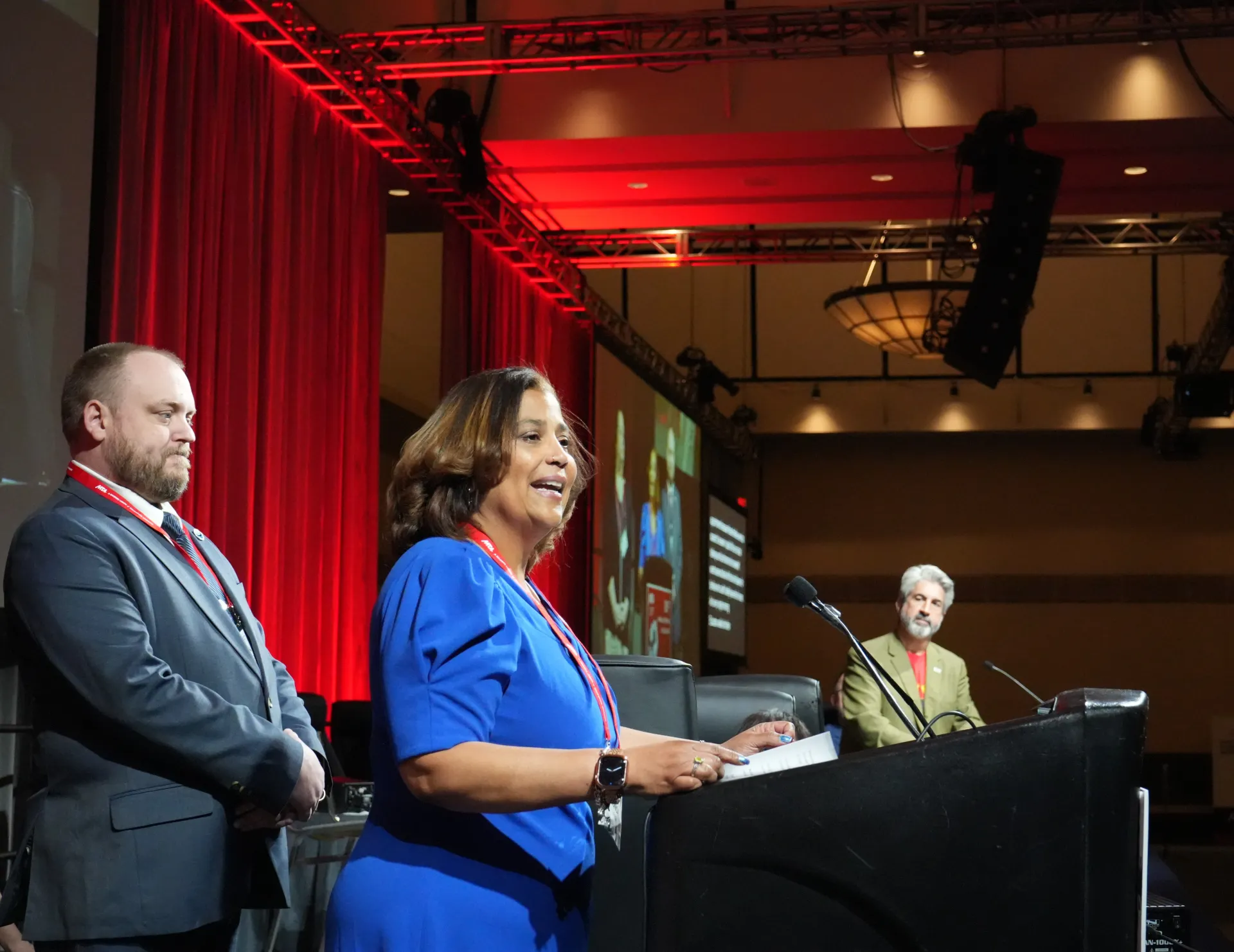 Education Minnesota leaders accepted the MTA Friend of Labor Award in 2026. They included Secretary-Treasurer Ryan Fiereck, left, and President Monica Byron.