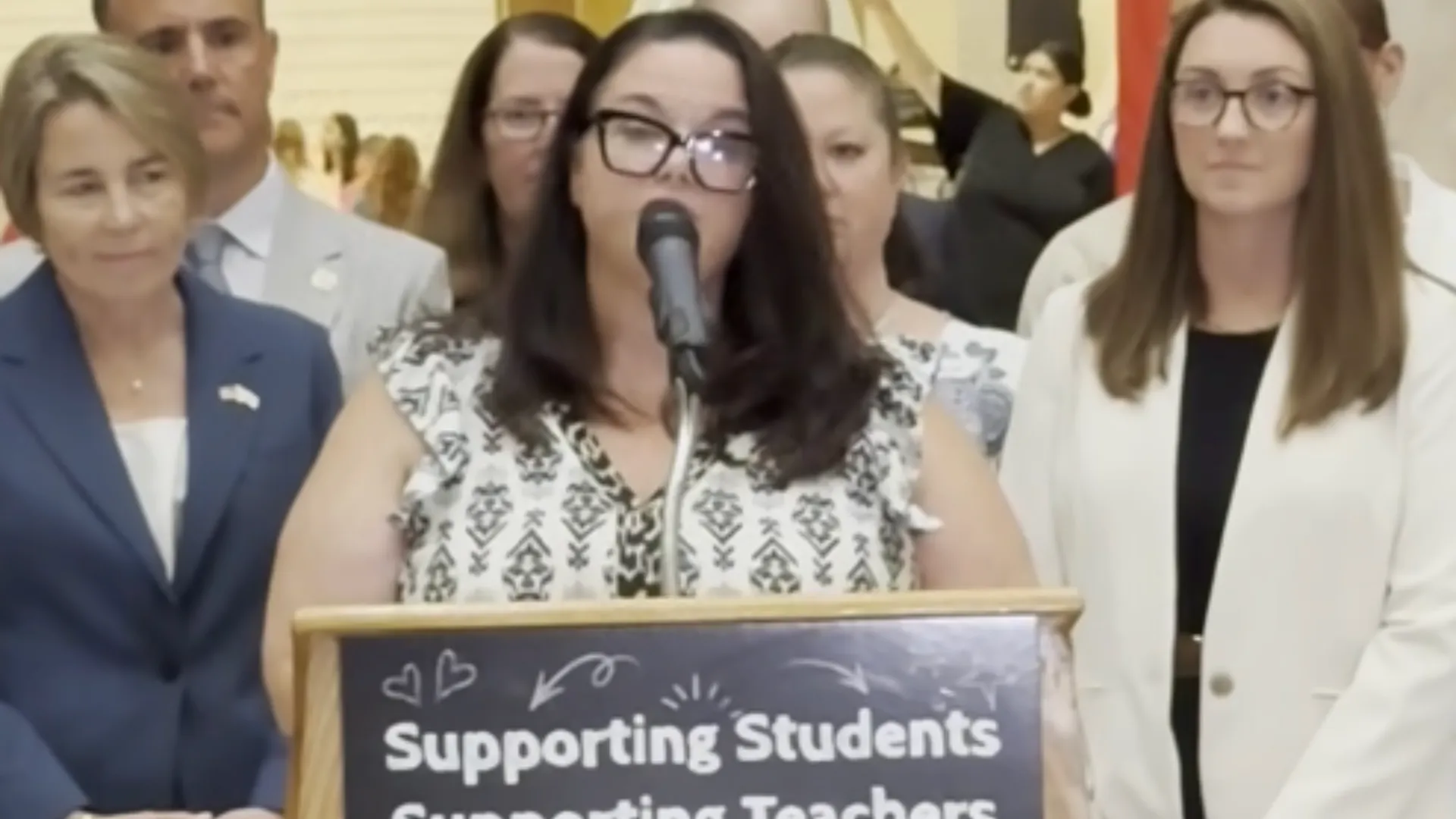  Woburn Teachers Association President Christy Nickerson – delivering the MTA's message at the State House – called on the Legislature to swiftly pass Governor Maura Healey's proposal to use Fair Share for Massachusetts funds for public schools.