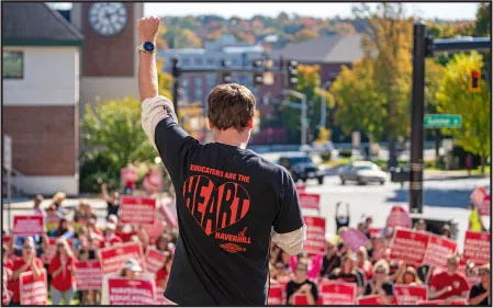 HEA Vice President Barry Davis addressed a solidarity rally outside Haverhill City Hall on Oct. 15.