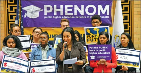 Sasha Link, an adjunct professor at both Massasoit Community College and Bridgewater State University, where she is also a professional staff employee, spoke during Public Higher Education Advocacy Day.