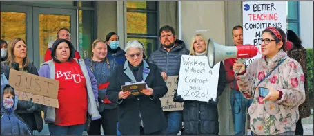 Brookline Educators Union activist Graciela Mohamedi, a high school science teacher, spoke during a rally for a fair contract, addressing the need for a more diverse educator workforce in the town’s public schools.