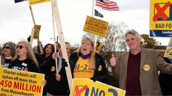 Graphic stating that Question 2 would have opened the floodgates to privatize public education, but voters rejected it 62% to 38%