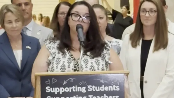  Woburn Teachers Association President Christy Nickerson – delivering the MTA's message at the State House – called on the Legislature to swiftly pass Governor Maura Healey's proposal to use Fair Share for Massachusetts funds for public schools.
