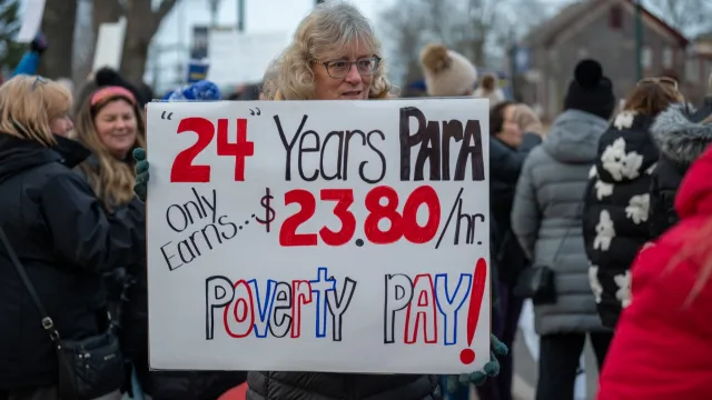 Braintree member holding a sign that reads: ‘24 years as a PARA earning only $23.80/hour — poverty pay.