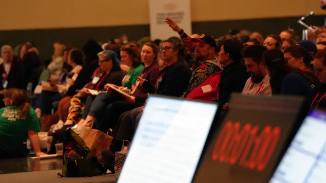 Wide shot of delegates at the MTA Annual Meeting on May 8, 2026 at the Hynes Convention Center in Boston.