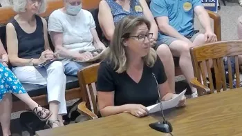 Kara Blatt, co-president of the Methuen local, testifies in support of a fair fix for RetirementPlus.
